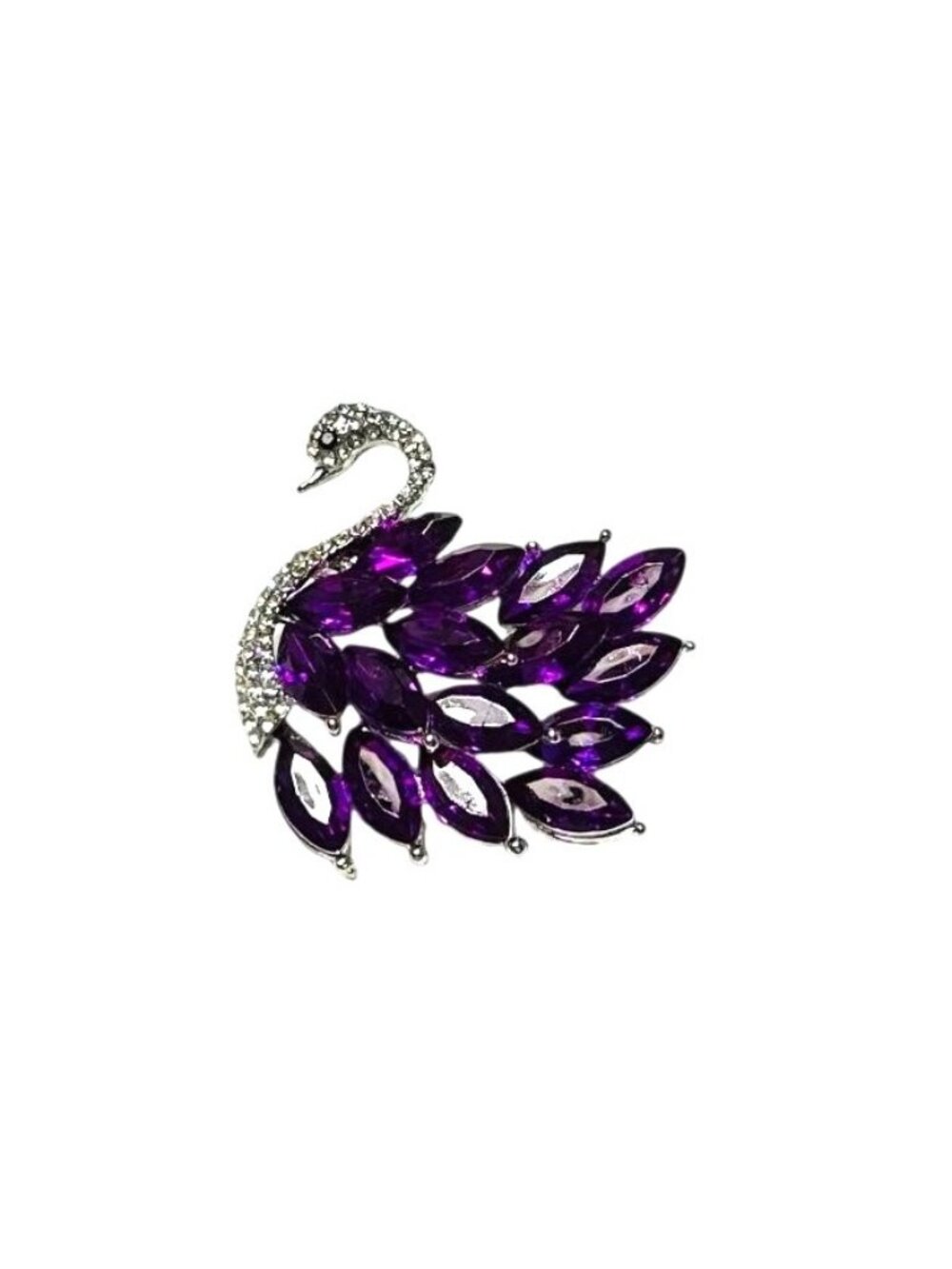 Purple Rhinestone Swan Brooch Pin Silver Tone
